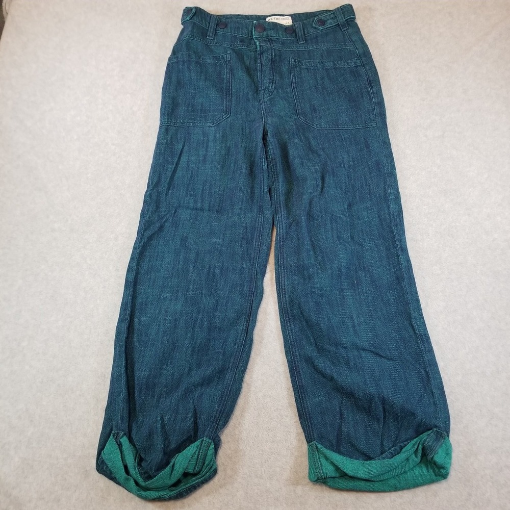 We The Free Jeans Womens 27 Blue Teal Wide Leg High Rise Contrast Cuff OB2059513